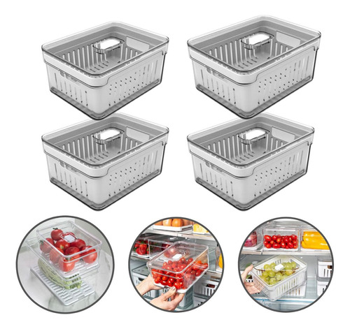 Kit 4 Organizadores Geladeira 2,2 Litros Alimentos Vegetais