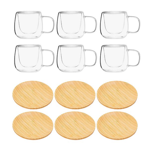 Kit 6 Xicaras Vidro + 6 Prato Bambu Ecológico 11cm