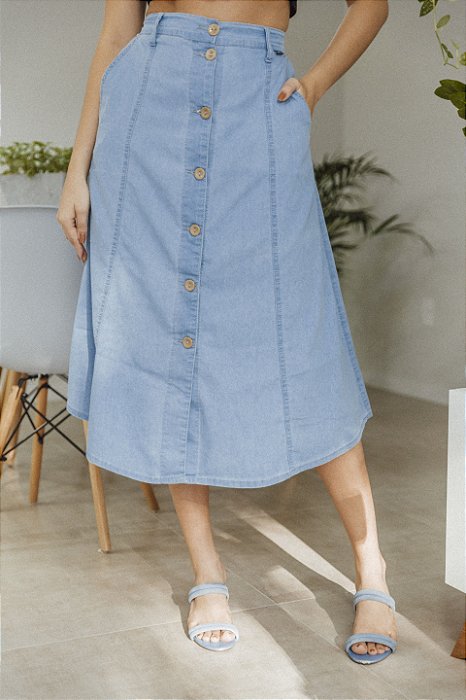saia midi jeans com botoes