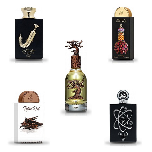 Kit Perfume Árabe Lattafa Pride 5x20ml Eternal Oud, Ishq Al Shuyukh Gold, Artisan Ethnique e mais