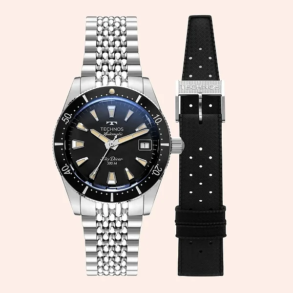 Relógio Masculino Technos Sky Diver Automatico Edição Limitada Prata com Mostrador Preto