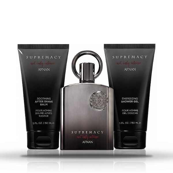 Kit Perfume Árabe Afnan Supremacy Not Only Intense 100ml Extrait de Parfum com Pós-Barba e Gel de Banho