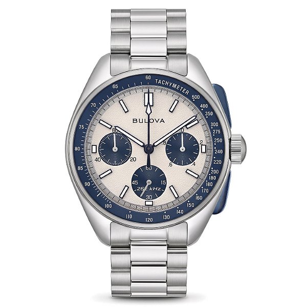 Relógio Masculino Bulova Lunar Pilot Cronógrafo Quartzo 262 kHz Mostrador Branco e Azul 43,5 mm 98K112