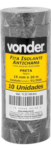 Kit Pack 10 Fitas Isolante Anti Chama Vonder 19mm X 20m