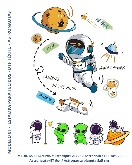 Estampa DTF Têxtil para tecidos - Coleção Astronautas