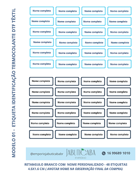 Etiqueta termocolante transfer DTF Têxtil Tecidos - Nome