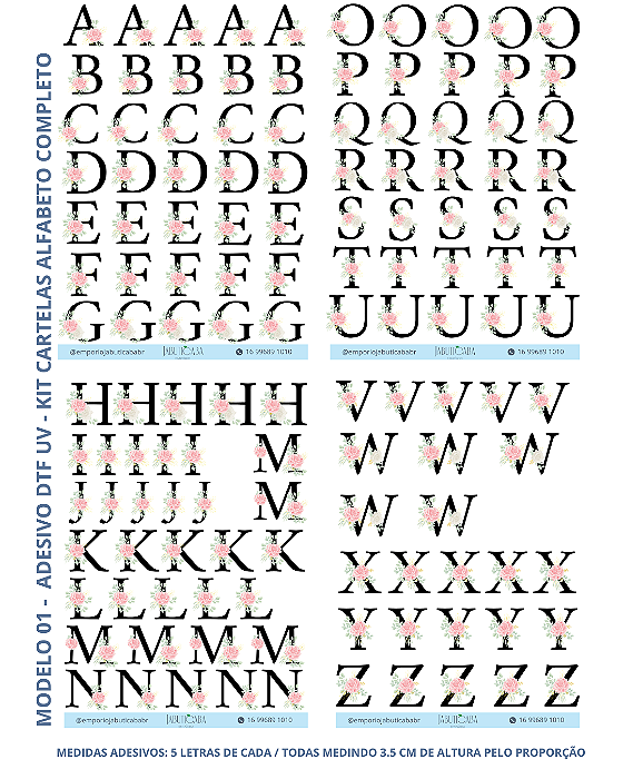 Kit Adesivo DTF UV Folhas A4 - Letras do Alfabeto