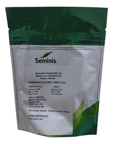 Pepino Híbrido Primepark Plus 88%+ Sire R 12% 3,000 Sementes-Seminis