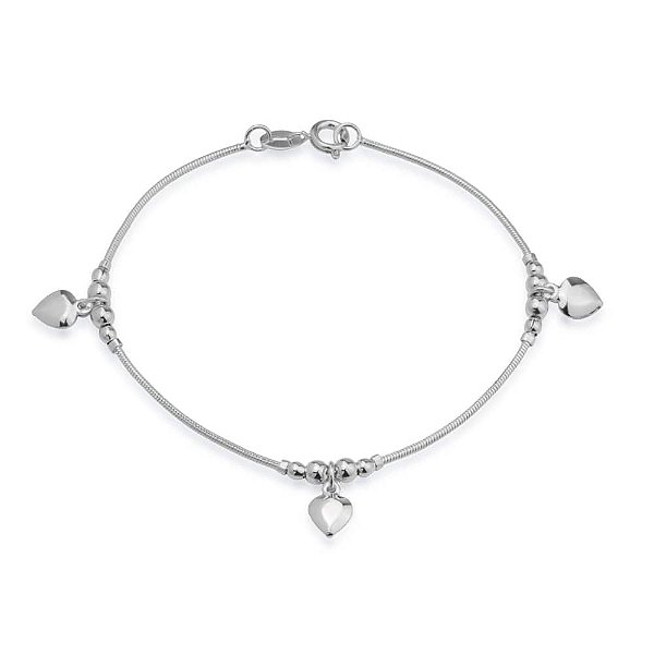 Pulseira Prateada Lisa com 3 Pingentes de Coração