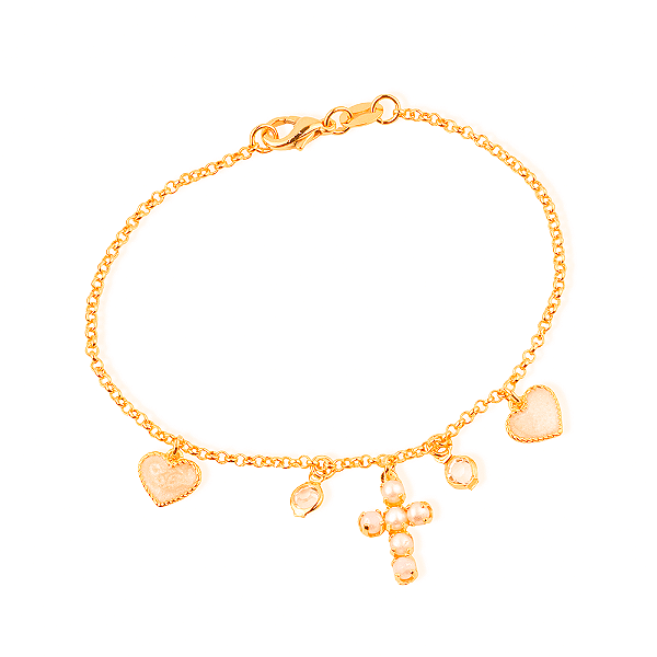 Pulseira Dourada Religiosa Cruz de Pérolas Coração Madrepérola Ponto de Luz