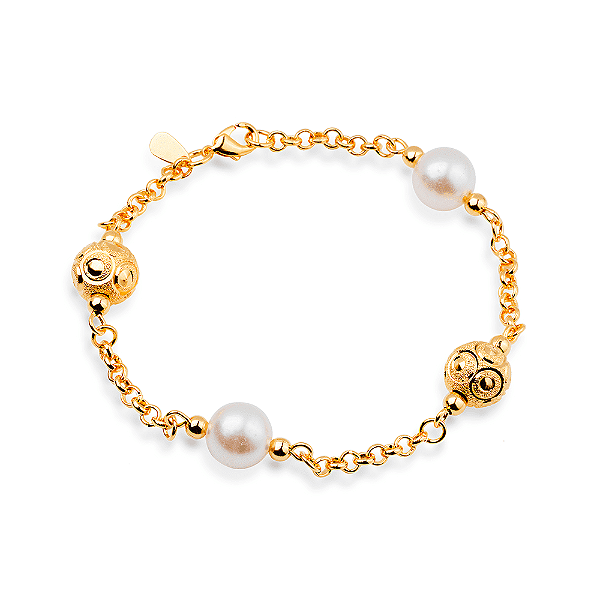 Pulseira Dourada Elo Português com Pérolas e Esferas Vazadas