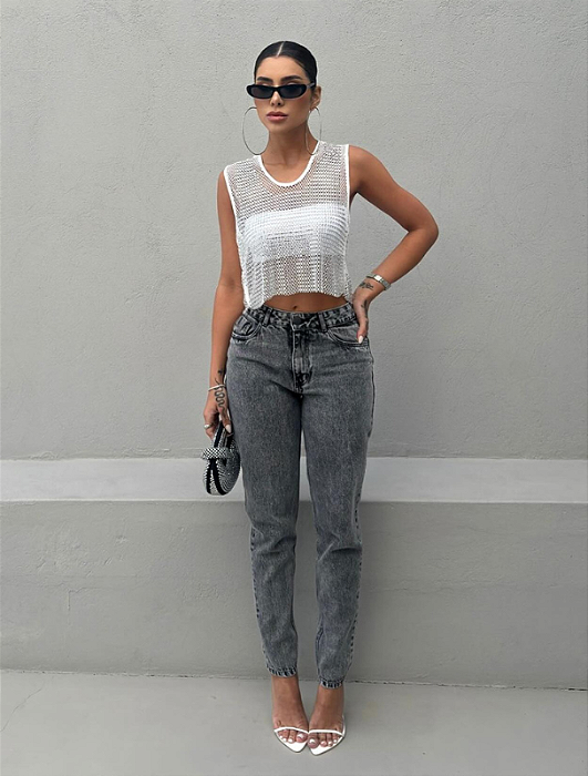 Calça Jeans Mom Marmorizada - Preta