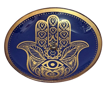 Incensário Redondo Hamsa Azul em Vidro (13cm)