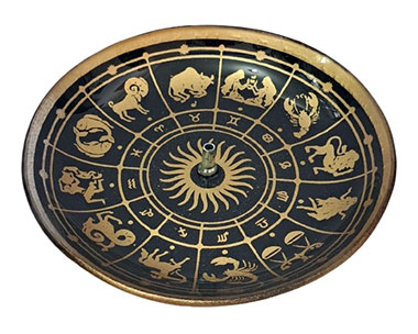 Incensário Redondo Mandala Astrológica Preto e Dourado em Vidro (13cm)