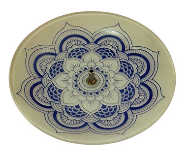 Incensário Redondo Mandala Branca e Azul em Vidro (13cm)