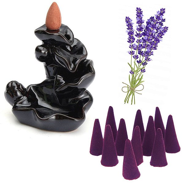 Cascata de Fumaça Flor de Lótus + 10 Incensos Cone (Lavanda)