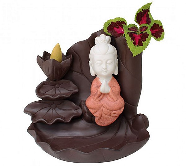 Incensário Cascata de Fumaça Kuan Yin com Flores e Vaso
