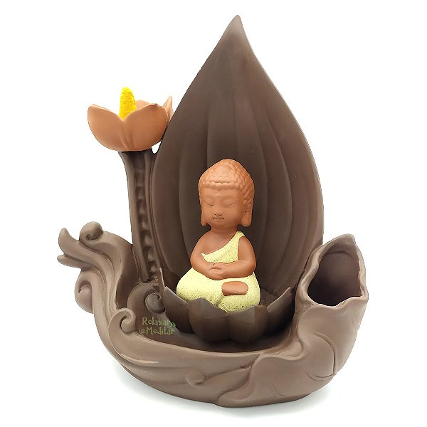 Cascata de Fumaça com Buda na Flor de Lótus e Vaso (20cm)