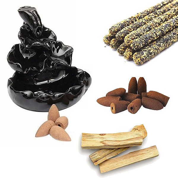 Incensário Cascata de Fumaça Flor de Lótus Grande + Kit Palo Santo