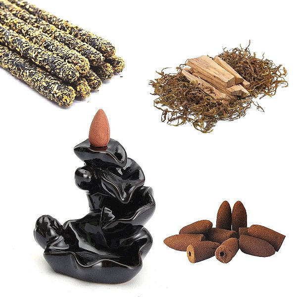 Porta Incensos Cascata de Fumaça Flor de Lótus + Kit Palo Santo