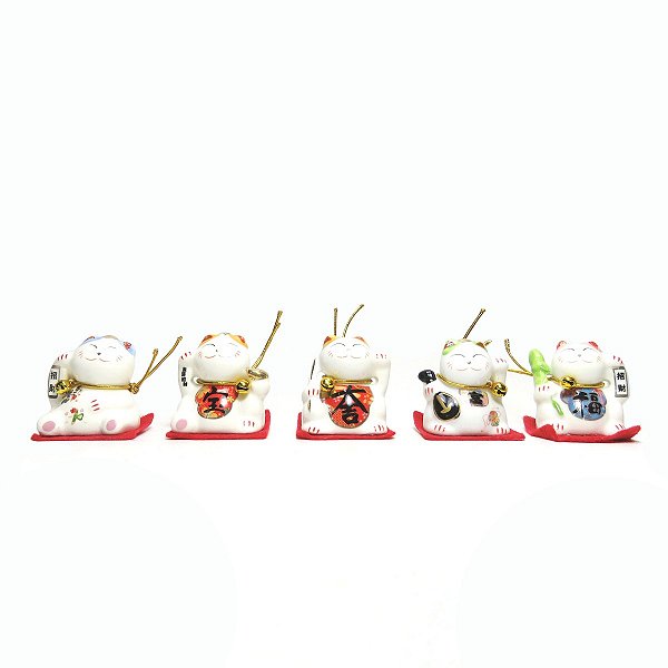 Kit com 5 Manekineko Gato da Sorte em Porcelana