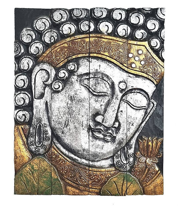 Painel em Madeira Entalhada Buda com Quatro Divisões (50cm)