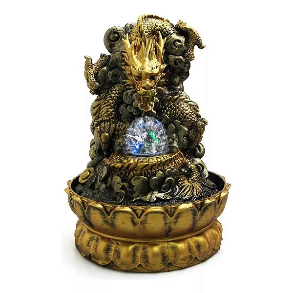 Fonte de Água Dragão Dourado com Esfera e LED (30cm)