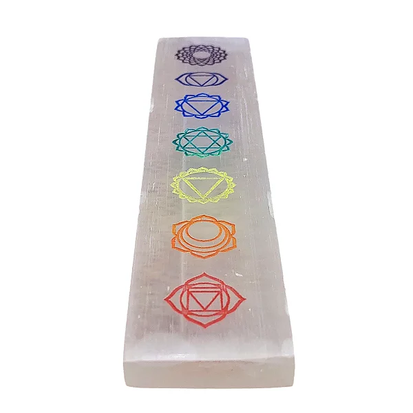Bastão de Selenita com Símbolos dos Sete Chakras (20cm)