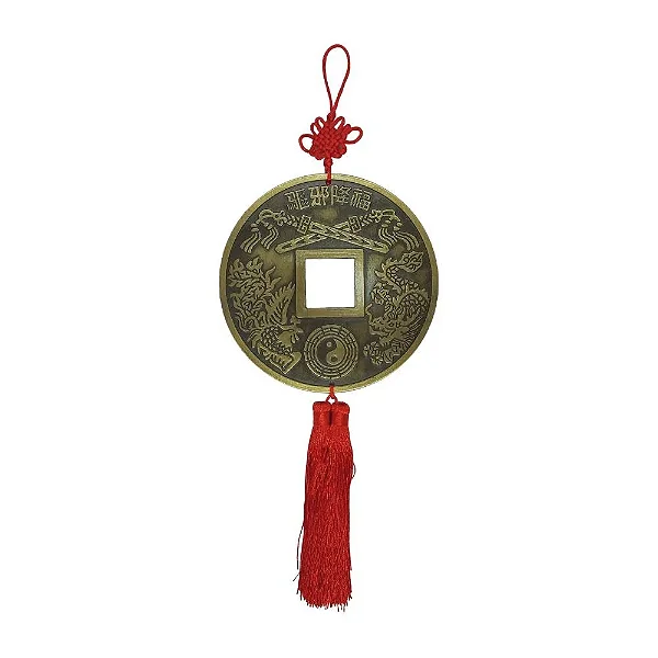 Talismã da Prosperidade Moeda Chinesa com Franjas Vermelhas
