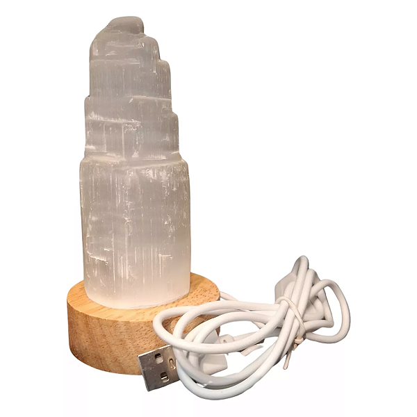 Luminária Torre de Selenita Branca com LED (15cm)