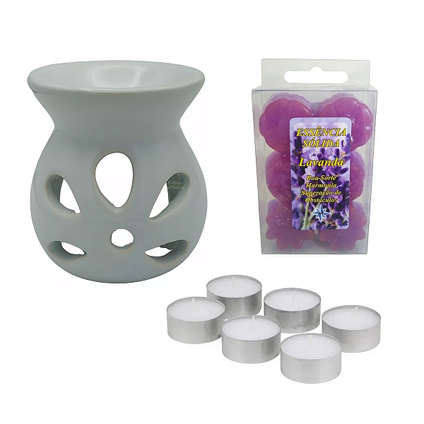 Kit Aromatizador em Cerâmica + Vela Rechaud + Essência Sólida (Lavanda)