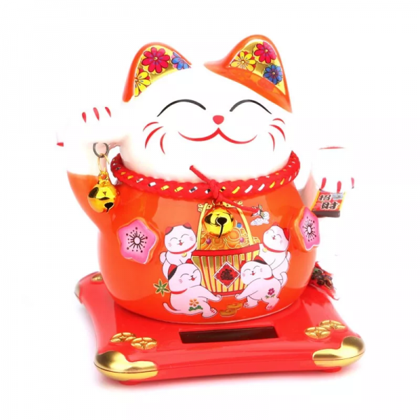 Gato da Sorte Manekineko em Cerâmica com Movimento (Vermelho)