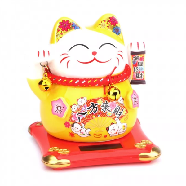 Gato da Sorte Manekineko em Cerâmica com Movimento (Amarelo)