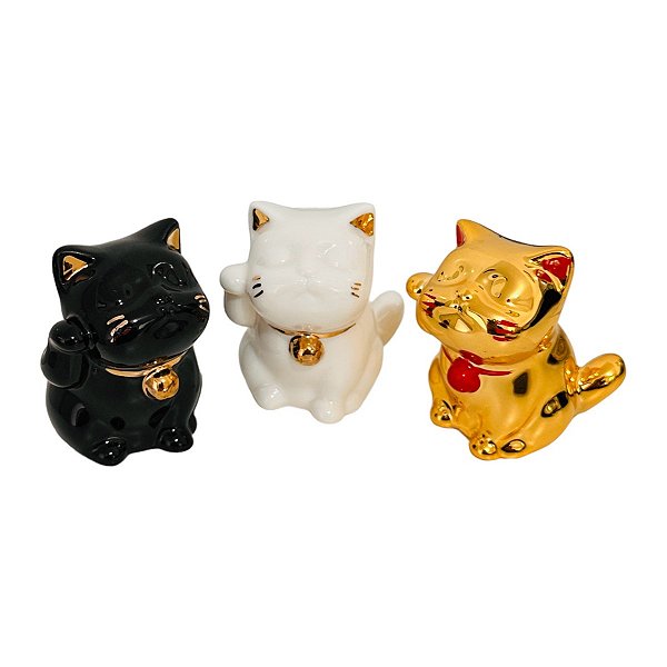 Trio de Gatinhos em Porcelana (Maneki Neko)