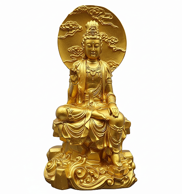 Estátua Deusa Kuan Yin Sobre o Mar e o Sol (Dourada)