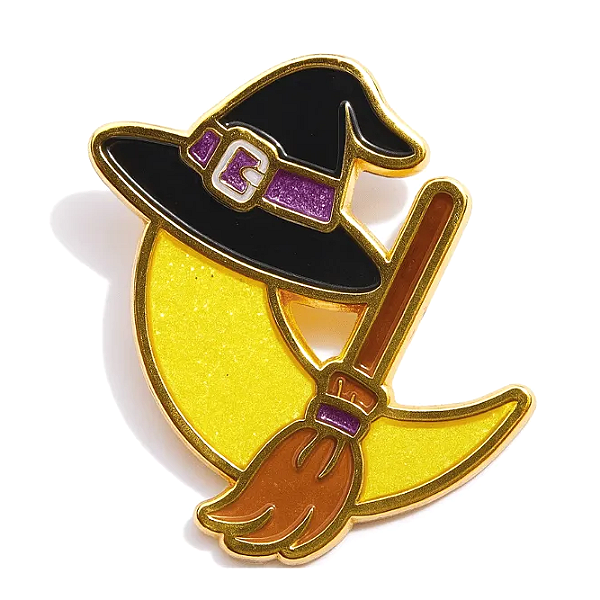 Broche Lua com Chapéu e Vassoura de Bruxa (2,5cm)