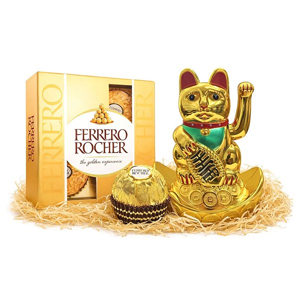 Kit com Gato da Sorte e Chocolate Ferrero Rocher (4 unidades)