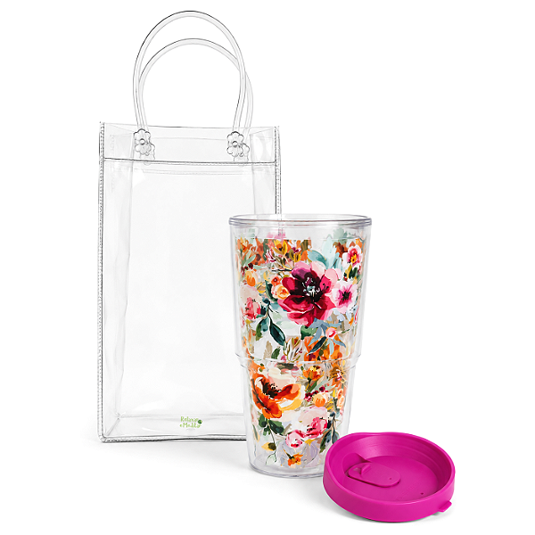 Kit Presente Sacola Cristal e Copo com Tampa Click (Flower Art)