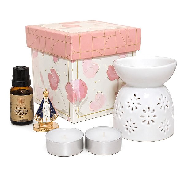 Kit Presente com Rechaud, Velas e Essência (Nossa Senhora Aparecida)