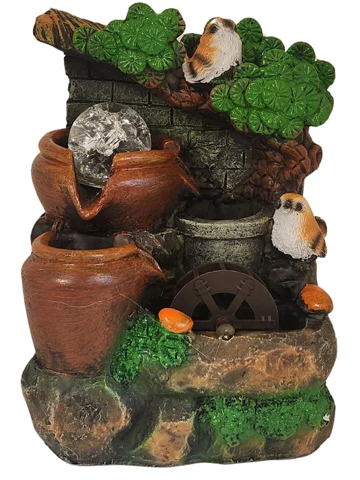 Fonte de Água Roda de Água com Pássaros e Bola de Vidro (20cm)