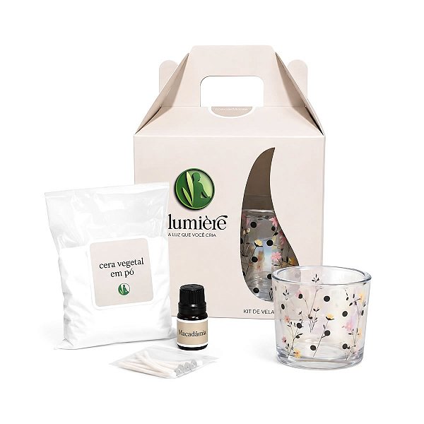 Kit Presente com Porta Velas, Cera Vegetal e Essência (Macadâmia)