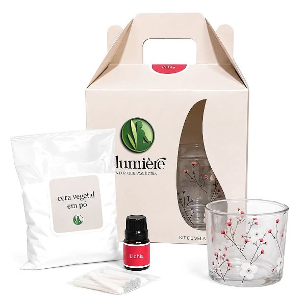 Kit Presente com Porta Velas, Cera Vegetal e Essência (Lichia)