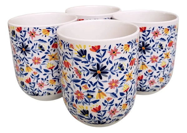 Kit com 4 Copos em Porcelana (150ml) Flores