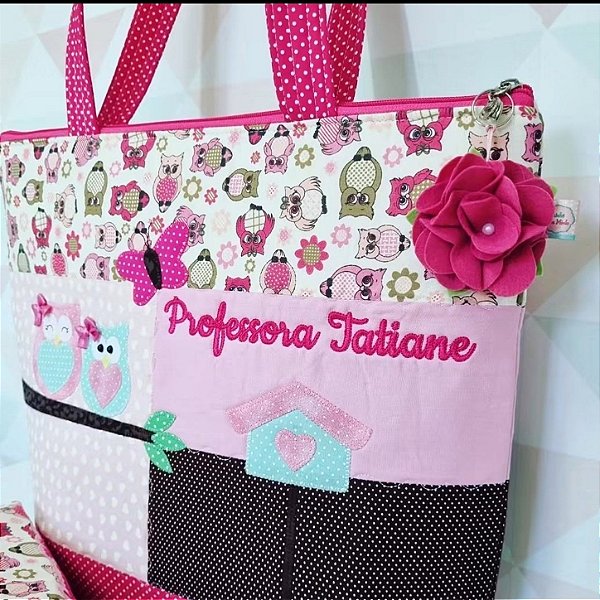 Bolsa professora coruja rosa e pink