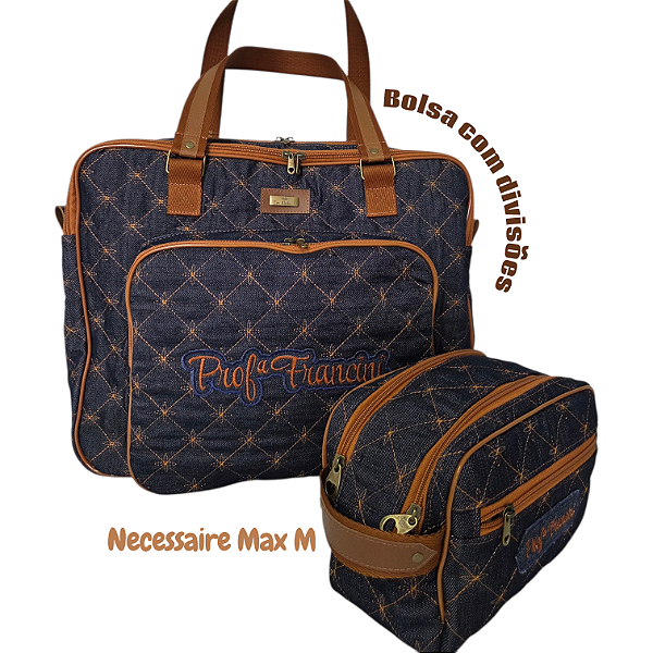 Bolsa com divisões e necessaire max em jeans