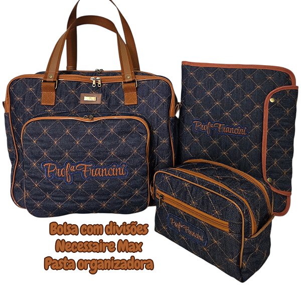 Bolsa com divisões, necessaire max, pasta em jeans