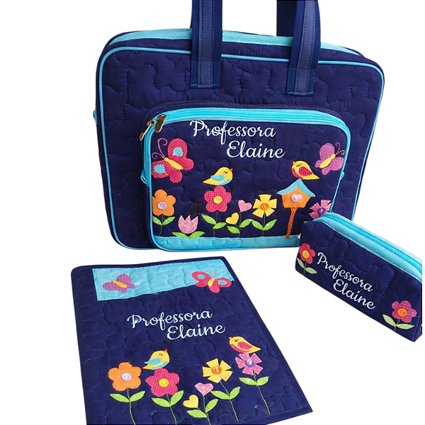 Bolsa com divisões, capa para caderno e estojo 1 jardim