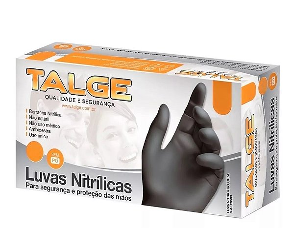 Luva Vinil Preta Descartável Sem Pó Talge Resistente 100 Unidades