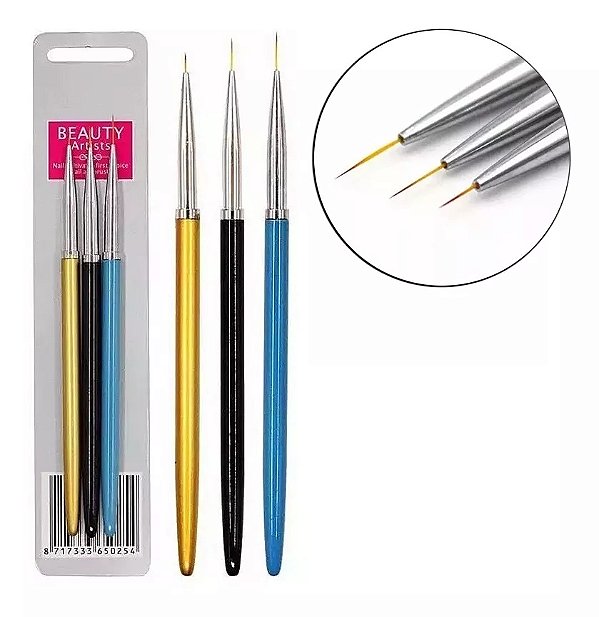 Kit c/3 Pincéis Ultra Fino Francesinha Decoração Manicure
