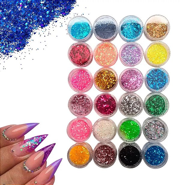 Kit 12 Enfeites Potinhos de Glitter Nail Art Decoração Unhas Encapsuladas